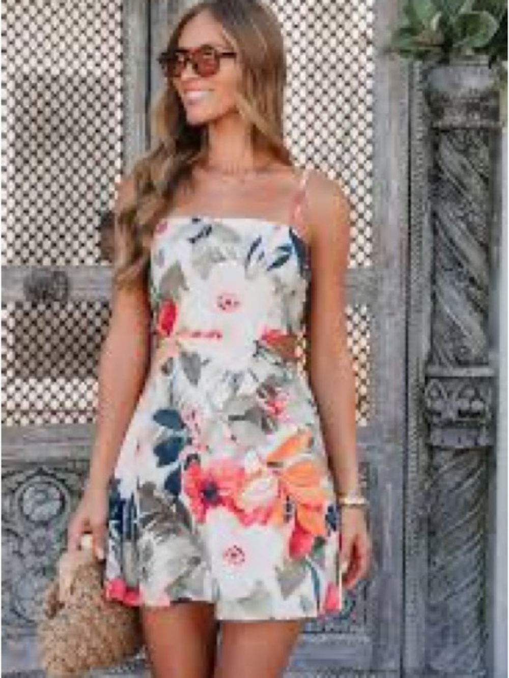 Linen Blend Floral Strap Mini Dress - White with Coral & Navy